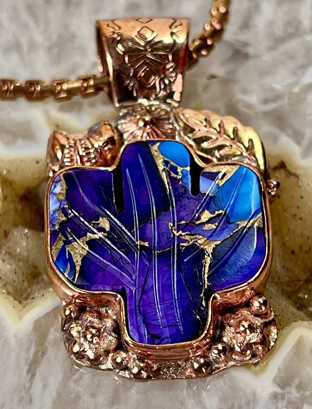 Purple Dahlia Turquoise Copper Cactus Inlay Pendant w/ 20” Chain Necklace NEW